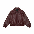 Women’s relaxed fit zip-up bomber jacket, burgundy faux leather look, zip front, snap collar