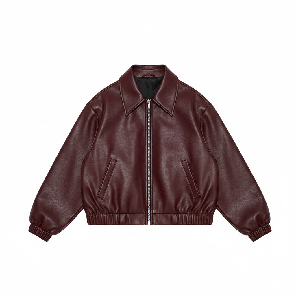 Women’s relaxed fit zip-up bomber jacket, burgundy faux leather look, zip front, snap collar