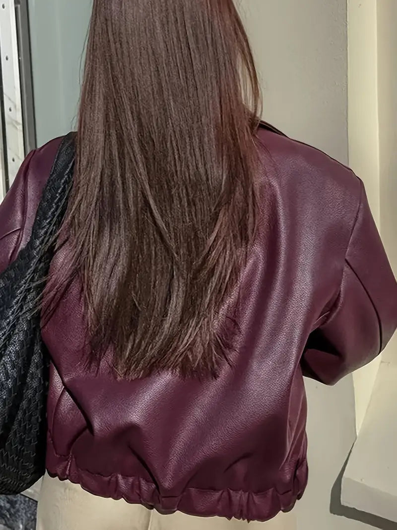 Women’s relaxed fit zip-up bomber jacket, burgundy faux leather look, back view, rib hem