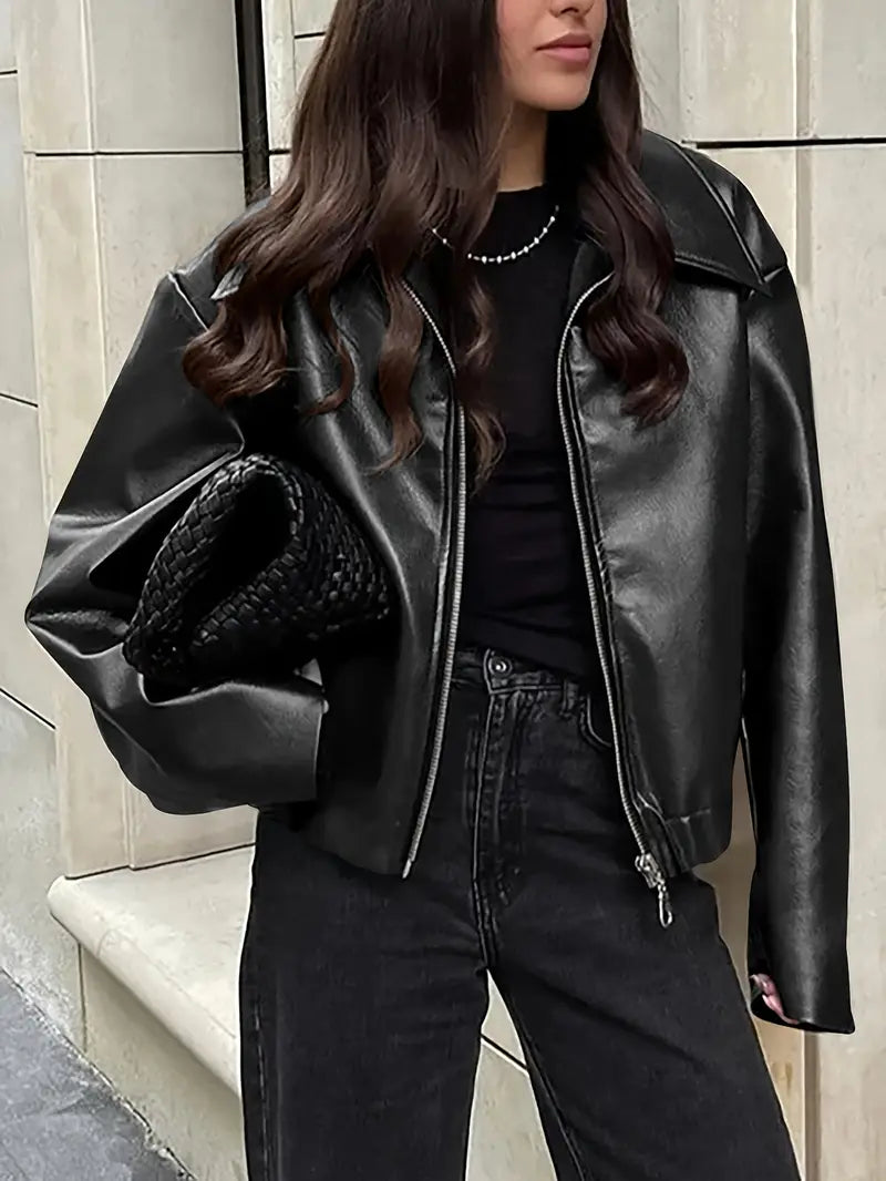 Women’s relaxed fit zip-up bomber jacket, black faux leather look, zip front, stand collar