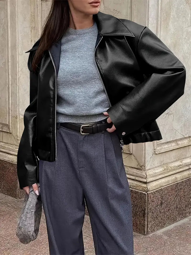 Women’s relaxed fit zip-up bomber jacket, black faux leather look, zip front, wide collar
