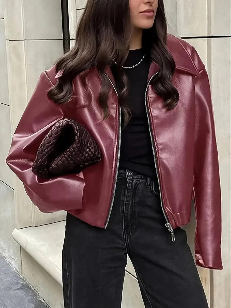 Women’s relaxed fit zip-up bomber jacket, burgundy faux leather look, zip front, ribbed cuffs