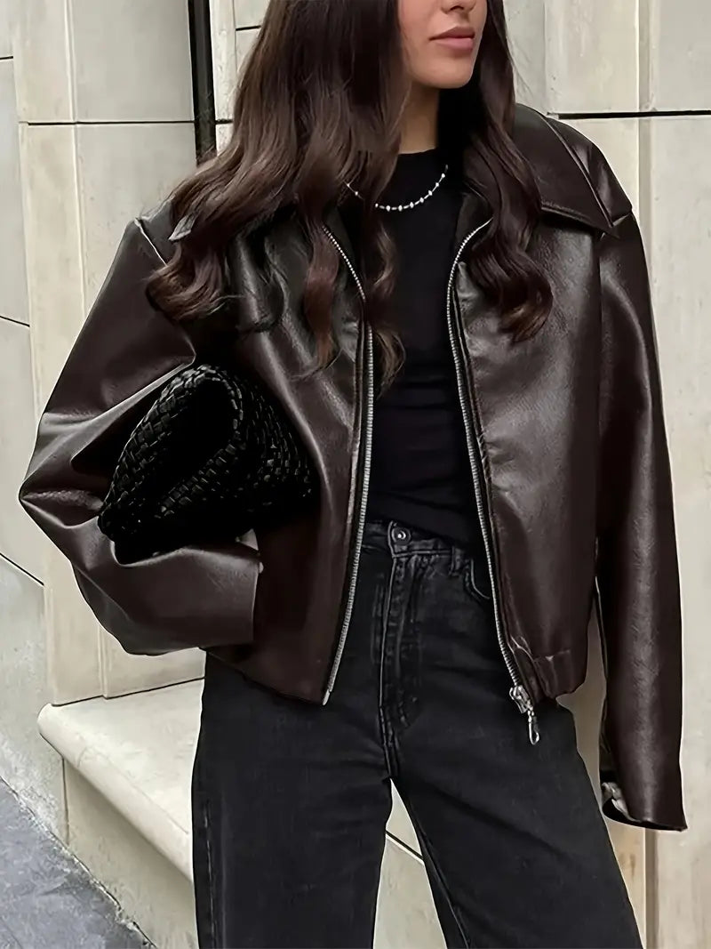 Women’s relaxed fit zip-up bomber jacket, burgundy faux leather look, zip front, stand collar