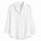 White women’s long-sleeve button-down shirt with pointed collar and button front