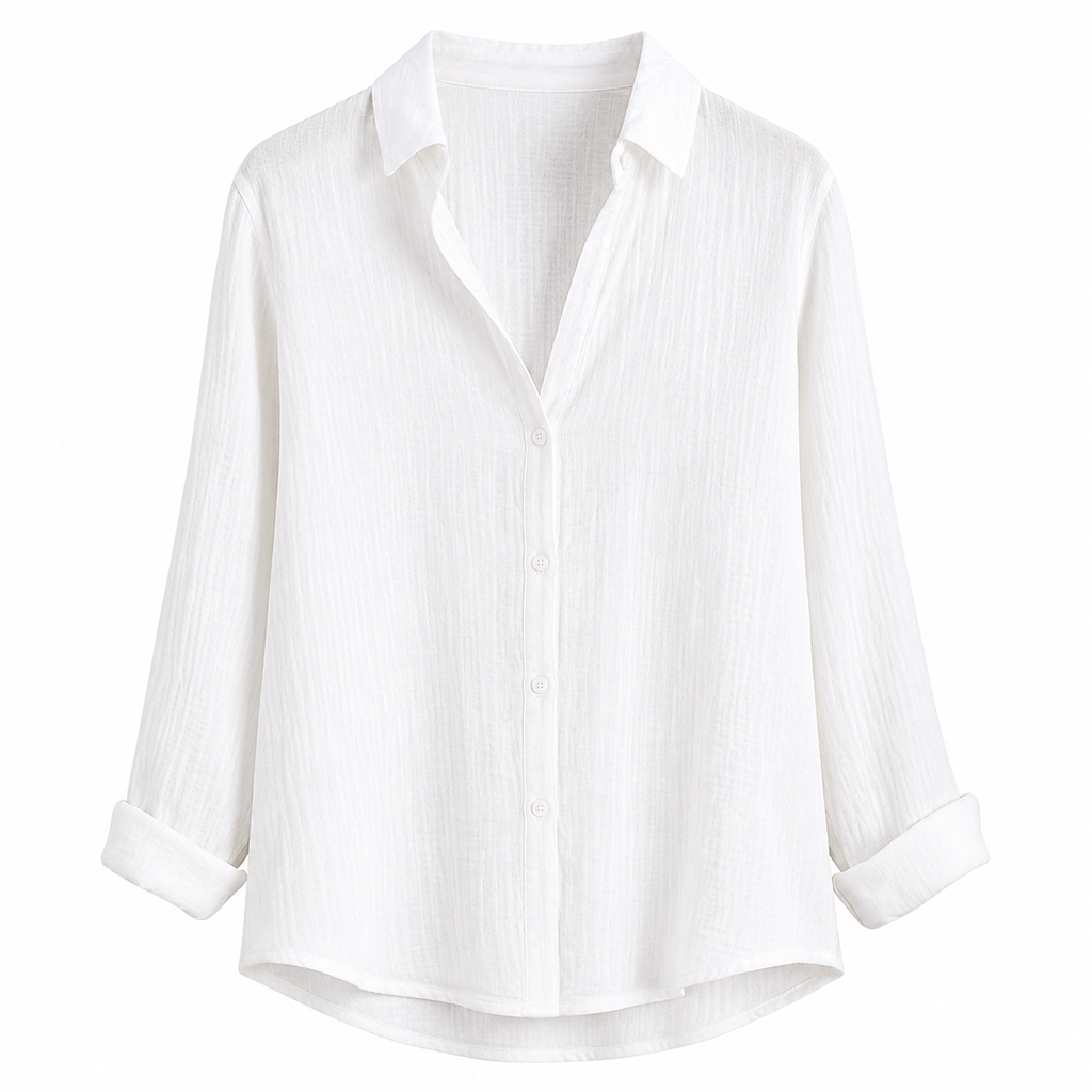 White women’s long-sleeve button-down shirt with pointed collar and button front