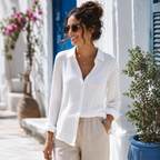 Women's white long-sleeve button-down shirt blouse with pointed collar and front buttons