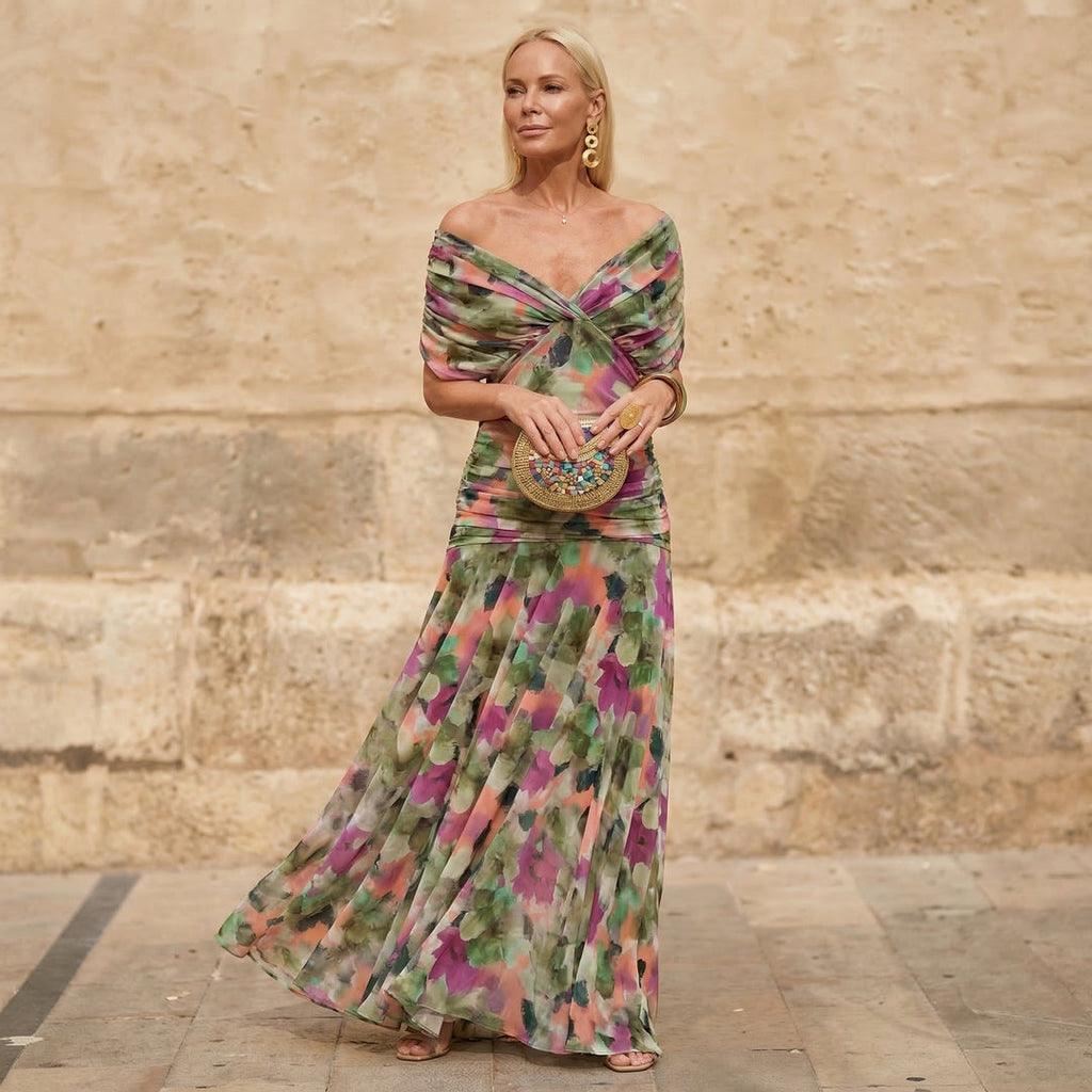 Multicolor off-shoulder pleated maxi dress with draped neckline and fitted bodice