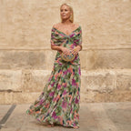 Multicolor off-shoulder pleated maxi dress with draped neckline and fitted bodice
