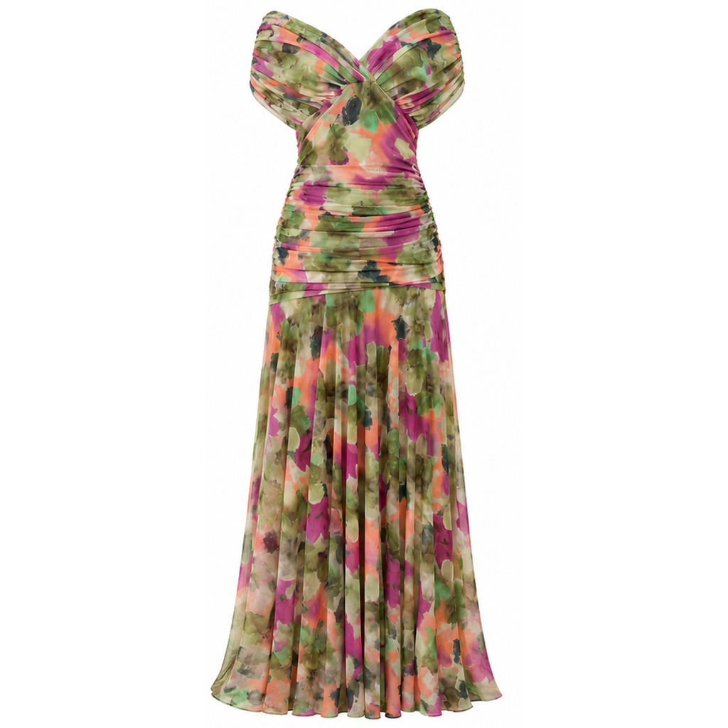 Multicolor off-shoulder maxi dress with draped neckline, ruched waist, and pleated skirt