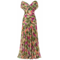 Multicolor off-shoulder maxi dress with draped neckline, ruched waist, and pleated skirt