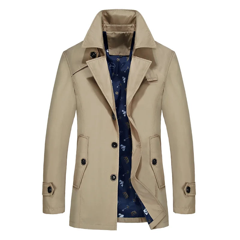 Men's khaki trench coat with notch lapels, double-breasted buttons, chest pockets