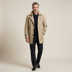 Khaki men's long trench coat with turn-down collar, button front, and flap pockets