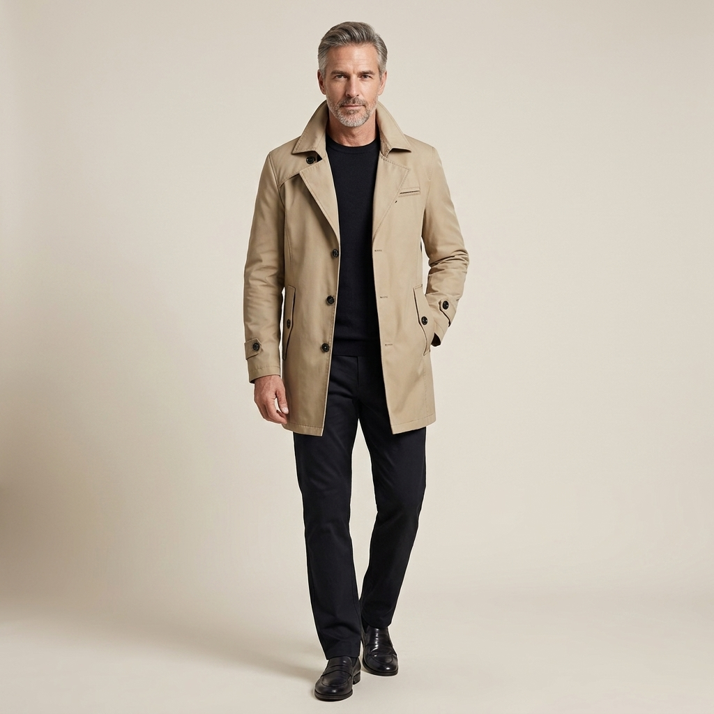 Khaki men's long trench coat with turn-down collar, button front, and flap pockets
