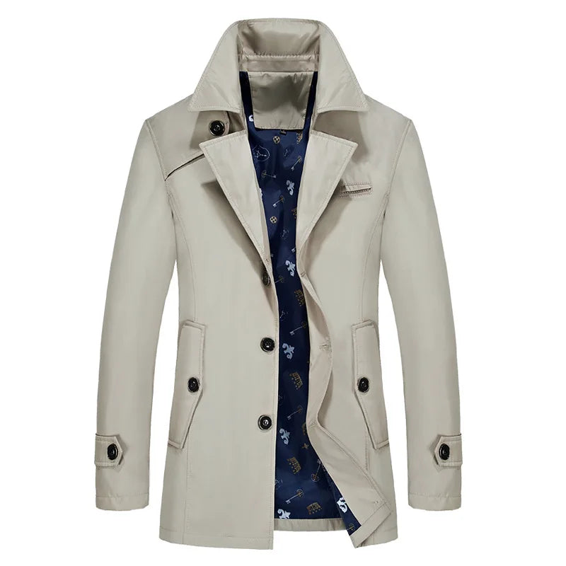 Men's light beige trench coat with notch lapels, double-breasted button front, flap pockets