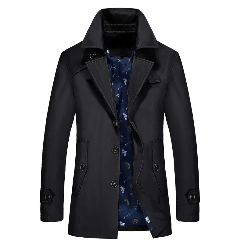 Men's black trench coat with notch lapels, double-breasted button front, flap pockets