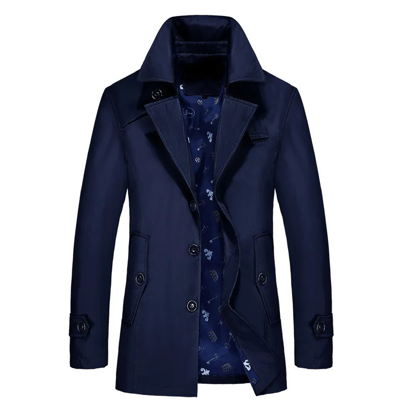 Men's navy trench coat with notch lapels, double-breasted buttons, flap pockets