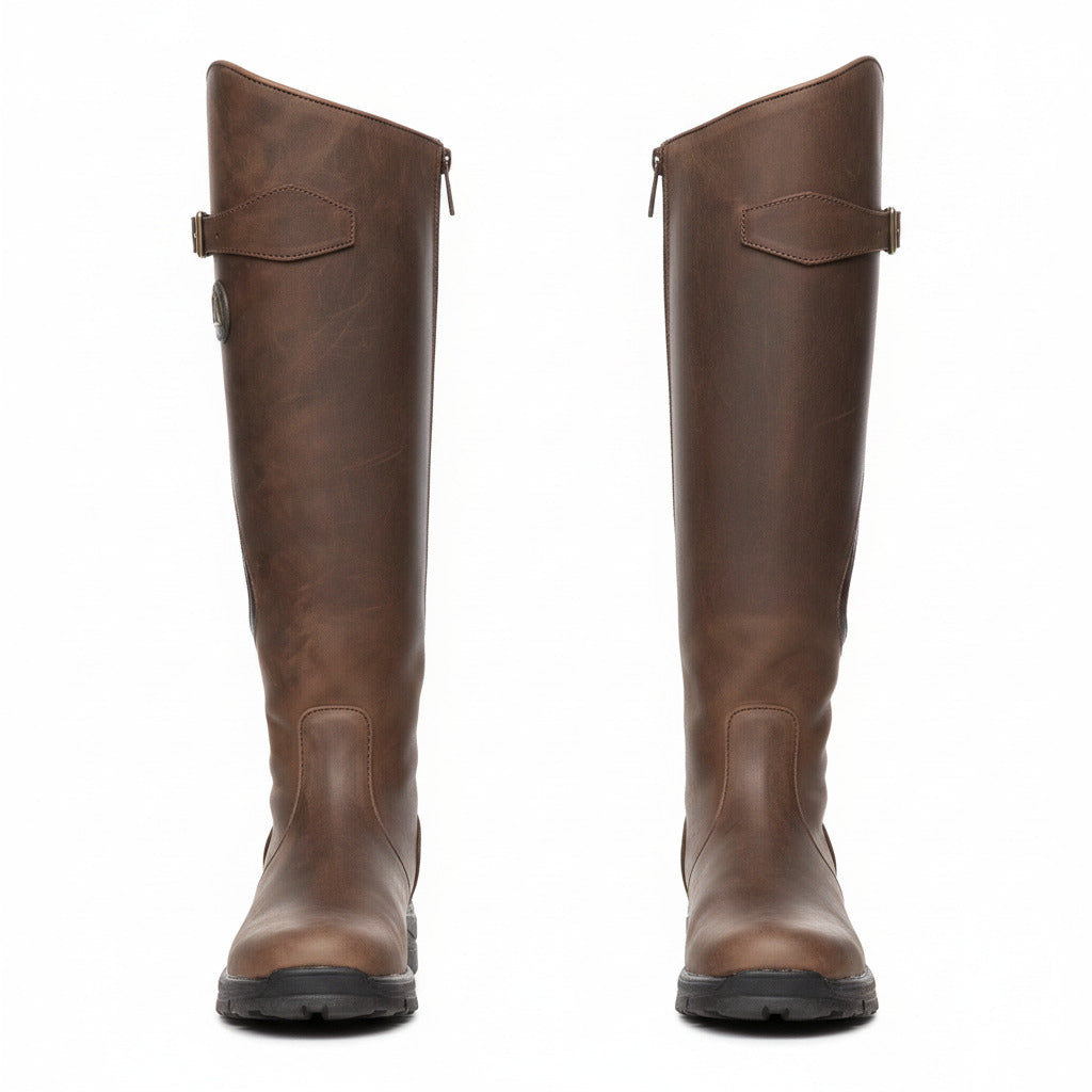 Knee-high waterproof boots in dark brown leather look, buckle strap, textured grip sole