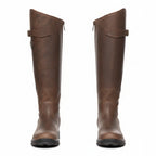 Knee-high waterproof boots in dark brown leather look, buckle strap, textured grip sole