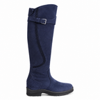 Dark blue knee-high waterproof boot with buckle strap, molded sole and structured shaft