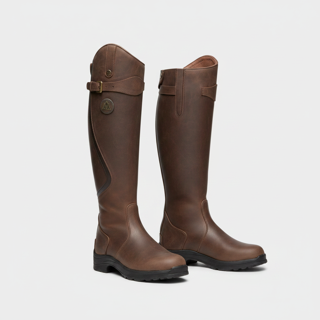 Pair of knee-high waterproof brown boots with side buckle strap and chunky grip sole
