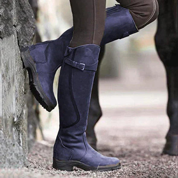 Knee-high waterproof blue-purple boots with buckle strap and non-slip tread sole