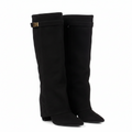 Knee-high flared shark boots in black suede, pointed toe, block heel, buckle strap