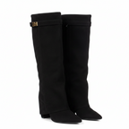 Knee-high flared shark boots in black suede, pointed toe, block heel, buckle strap