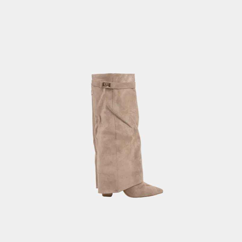 Knee-high flared shark boots in beige suede, pointed toe, block heel, buckle detail