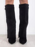 Pair of knee-high flared shark boots in black suede, pointed toe, block heel