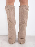 Pair of knee-high flared shark boots in beige suede with pointed toe and block heel