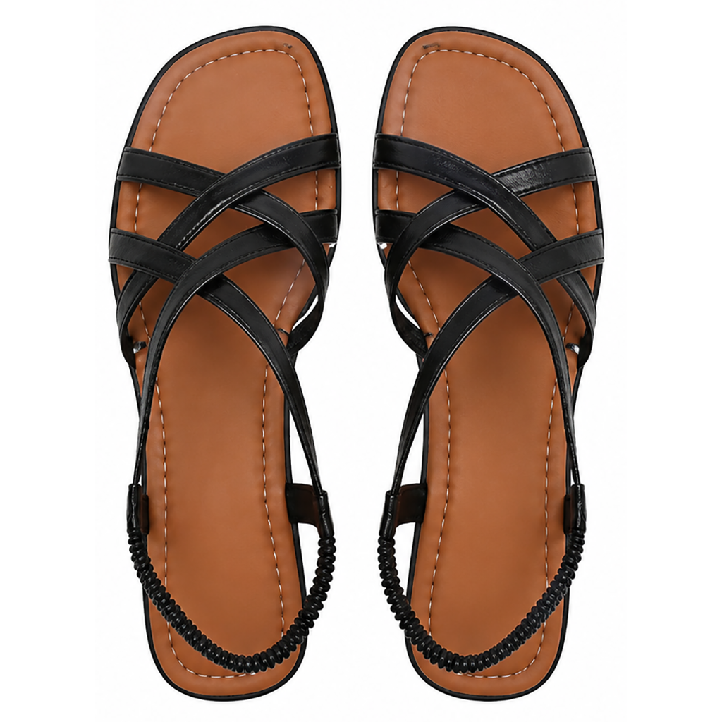 Black square-toe criss-cross flat sandals, pair view with strap detailing.