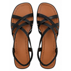 Black square-toe criss-cross flat sandals, pair view with strap detailing.