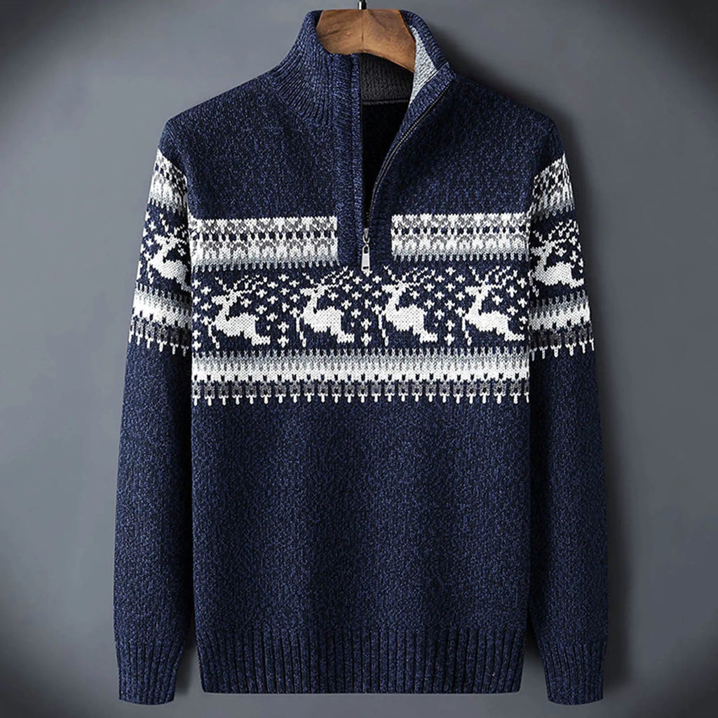 Men's fair isle half-zip sweater, navy blue knit with white patterned yoke