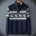 Men's fair isle half-zip sweater, navy blue knit with white patterned yoke