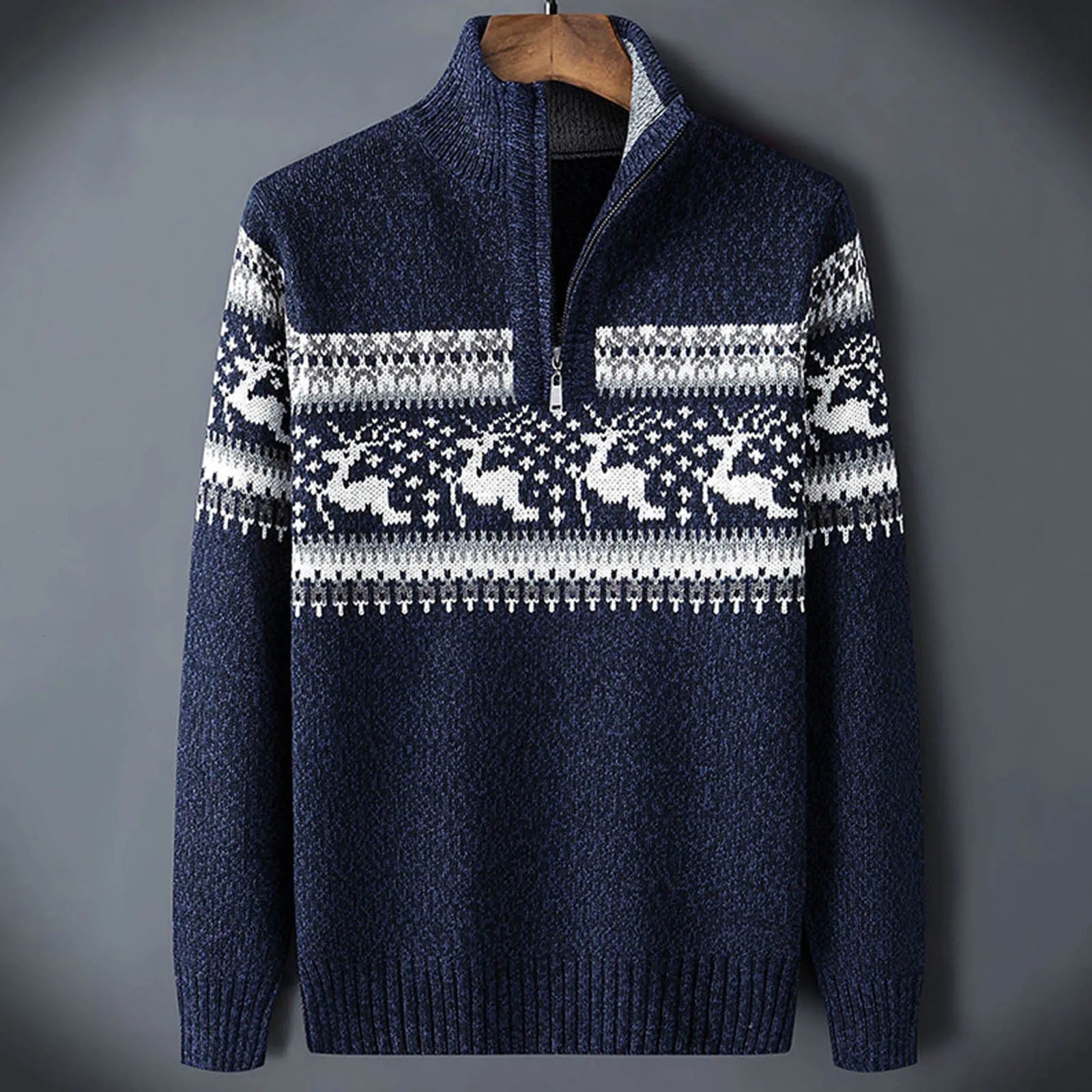 Men's fair isle half-zip sweater, navy blue knit with white patterned yoke