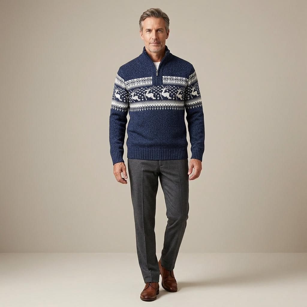 Navy Fair Isle half-zip knit sweater with white patterned yoke, stand collar.