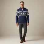Navy Fair Isle half-zip knit sweater with white patterned yoke, stand collar.