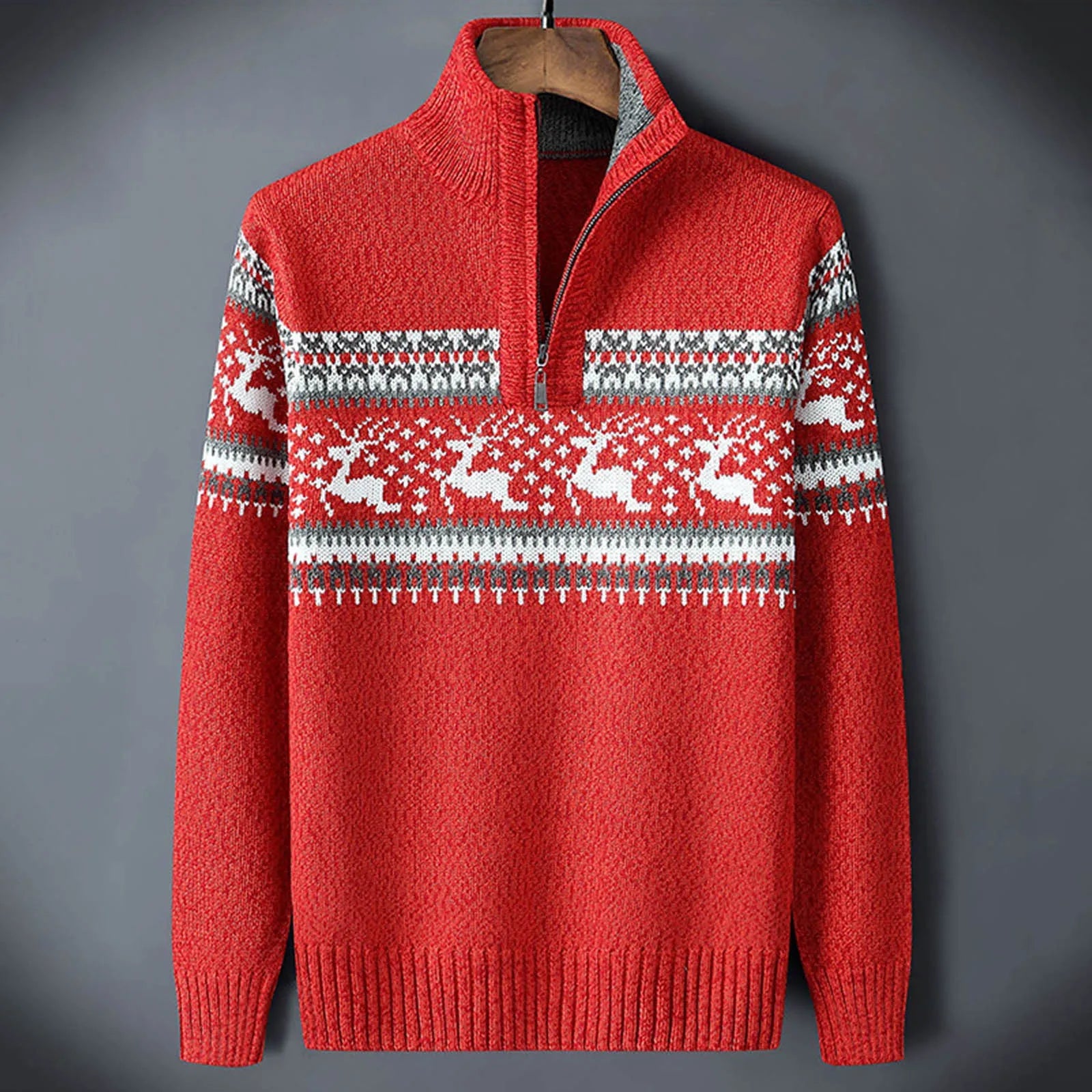 Men's fair isle half-zip sweater, red knit with white winter pattern yoke