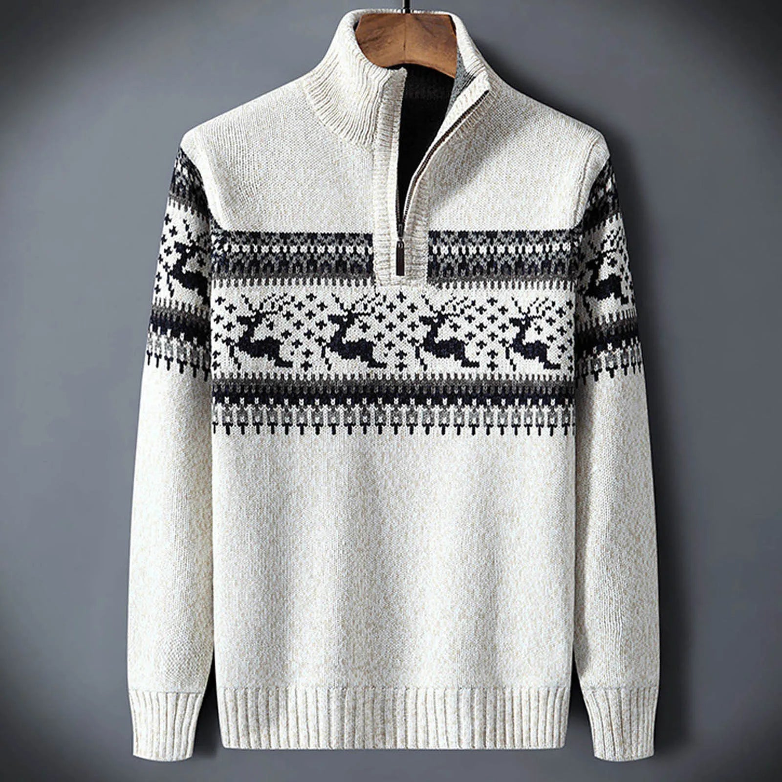 Men's fair isle half-zip sweater, cream knit with black-and-white fair isle yoke