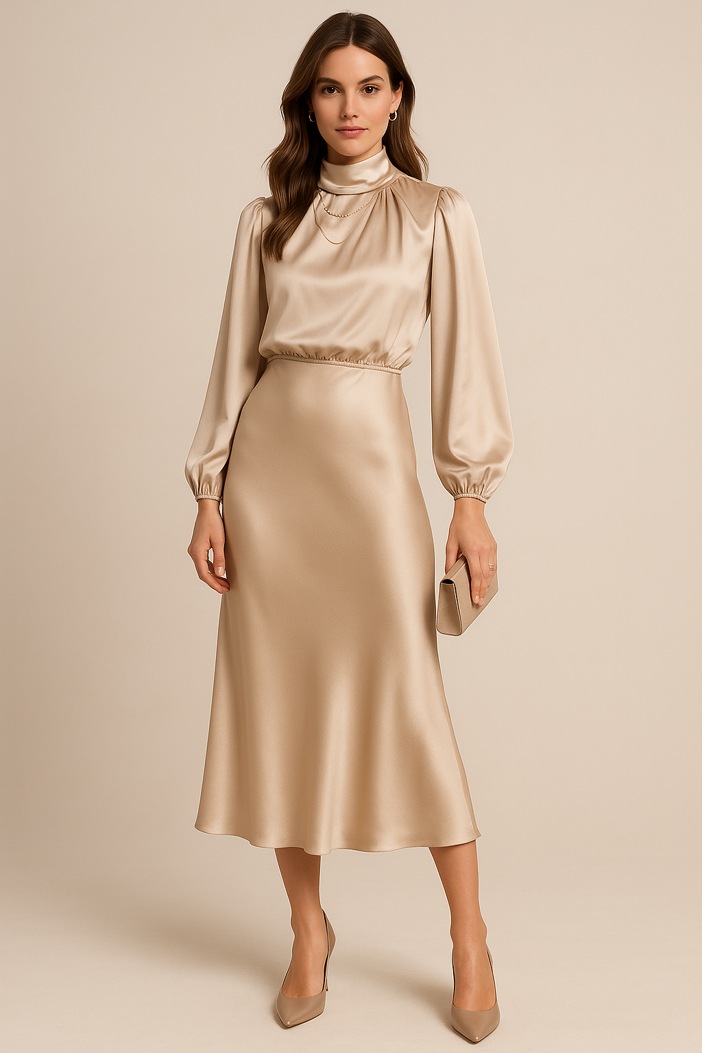 Apricot satin midi dress with high neck and long blouson sleeves