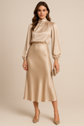 Apricot satin midi dress with high neck and long blouson sleeves