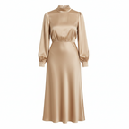 Apricot satin midi dress with high collar, long sleeves, and gathered cuffs
