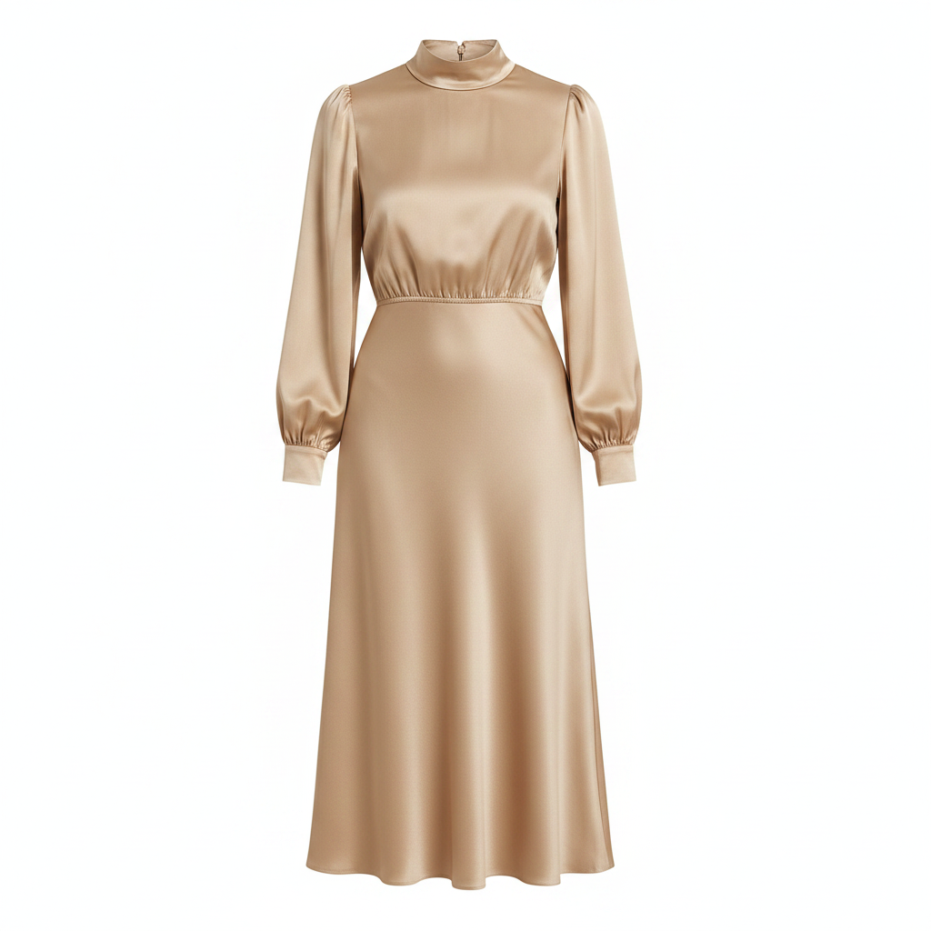 Apricot satin midi dress with high collar, long sleeves, and gathered cuffs