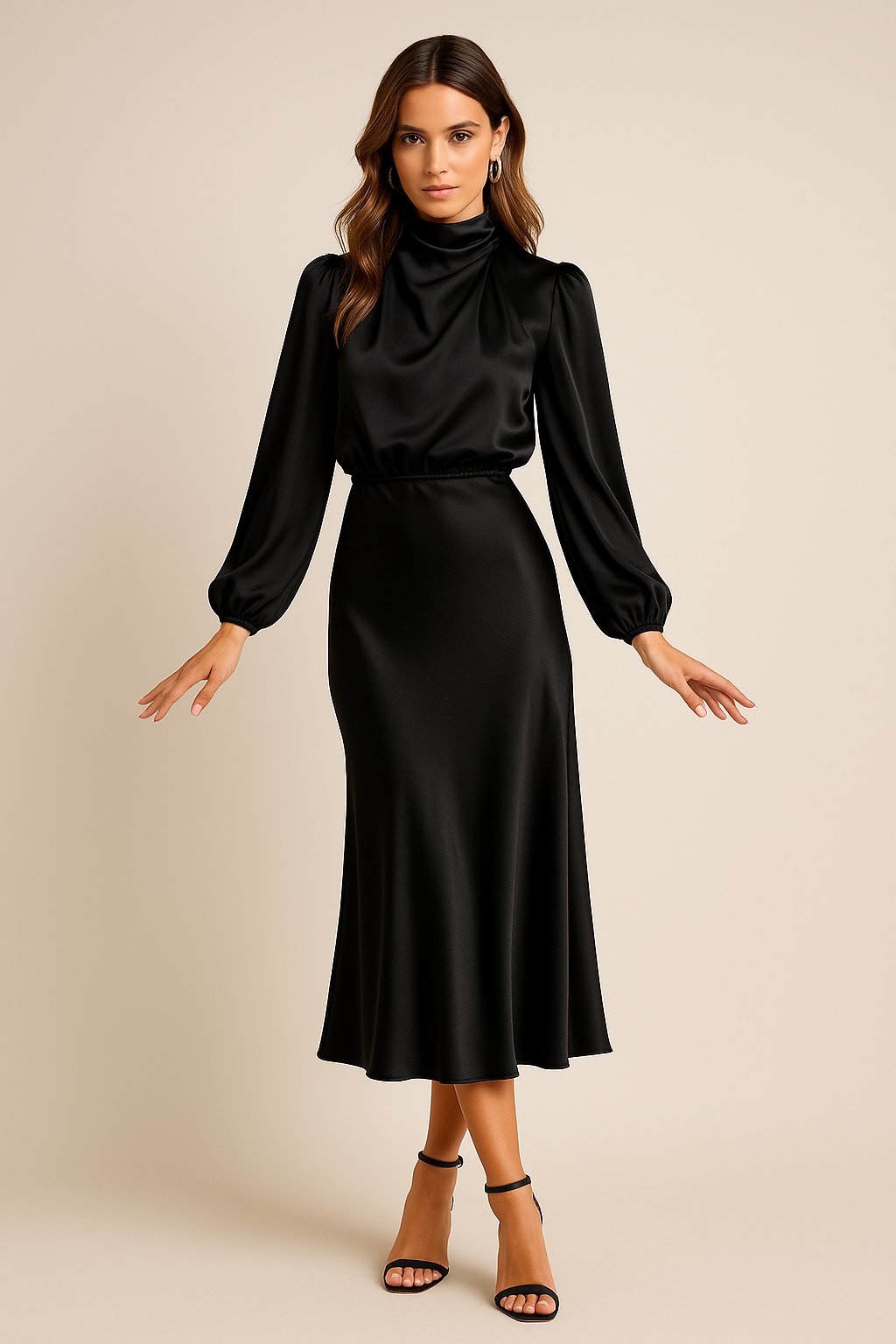 Black satin high-neck long-sleeve midi A-line evening dress with cinched waist