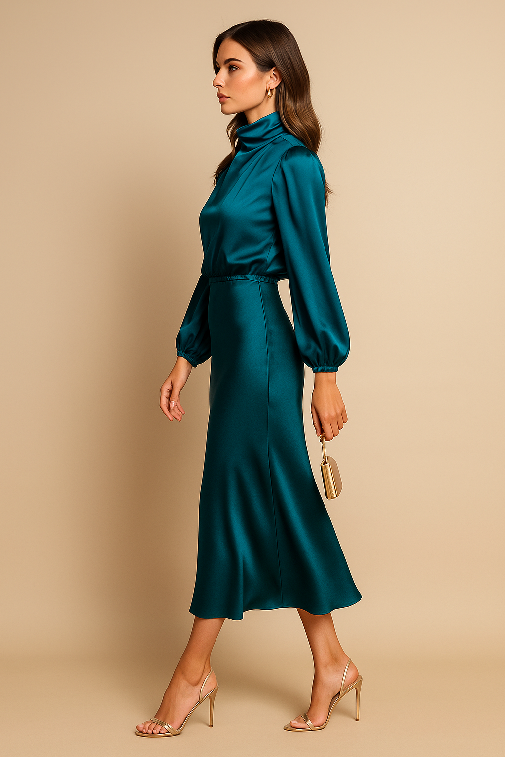 Teal satin high-neck long-sleeve midi A-line evening dress with cinched waist