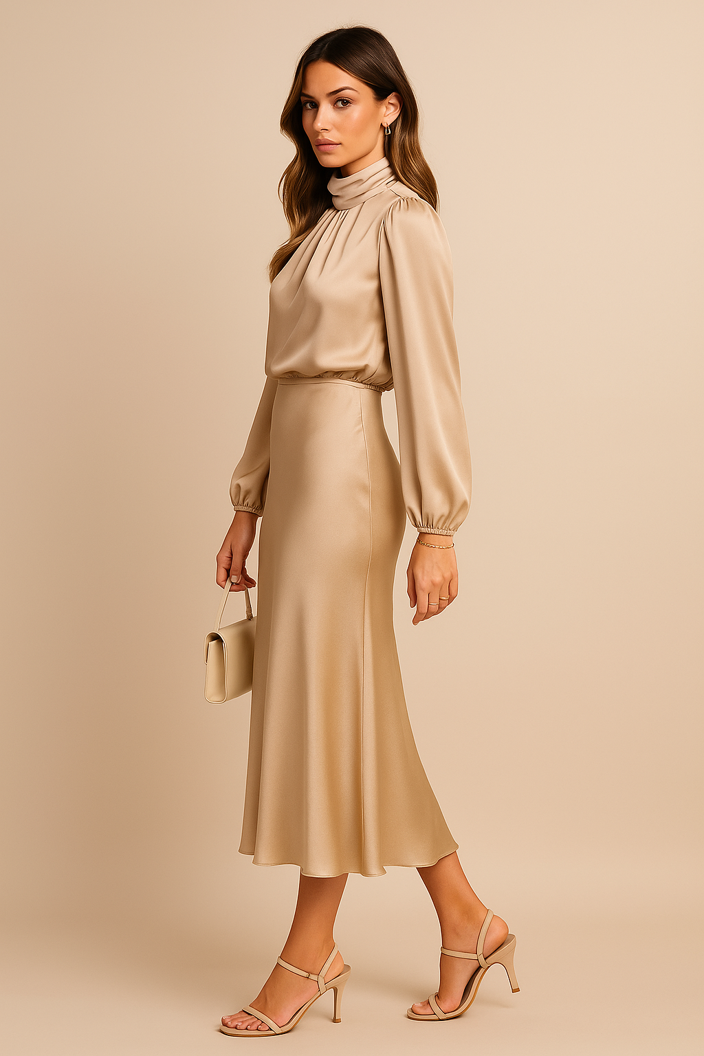 Apricot satin midi dress with high neck, puff sleeves, and A-line skirt