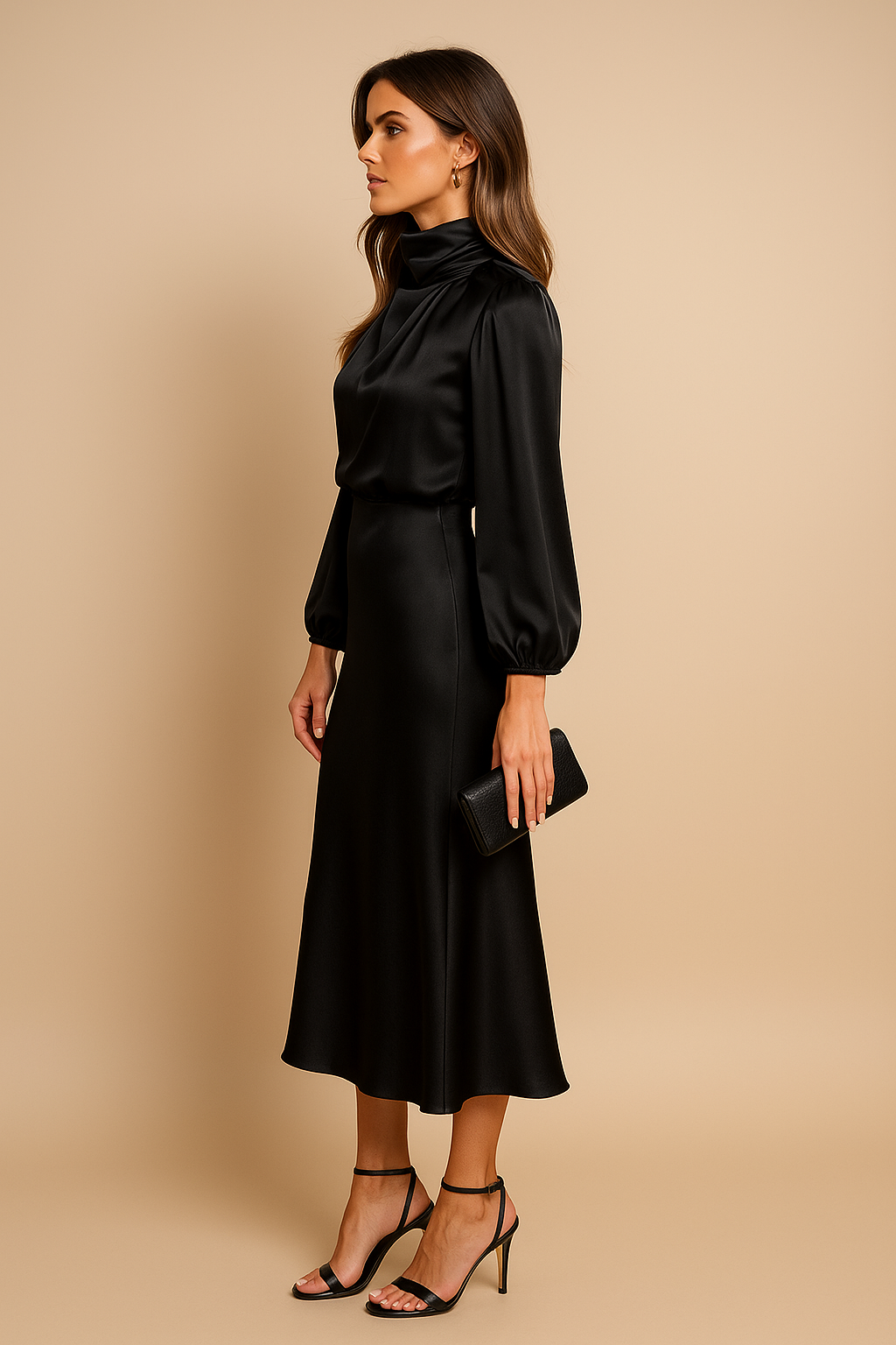 Black satin midi dress with high neck and long puff sleeves, side view