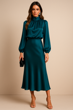 Teal satin midi dress with high neck, ruched yoke, and long puff sleeves
