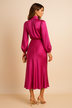 Pink satin high-neck long-sleeve midi A-line evening dress, back view