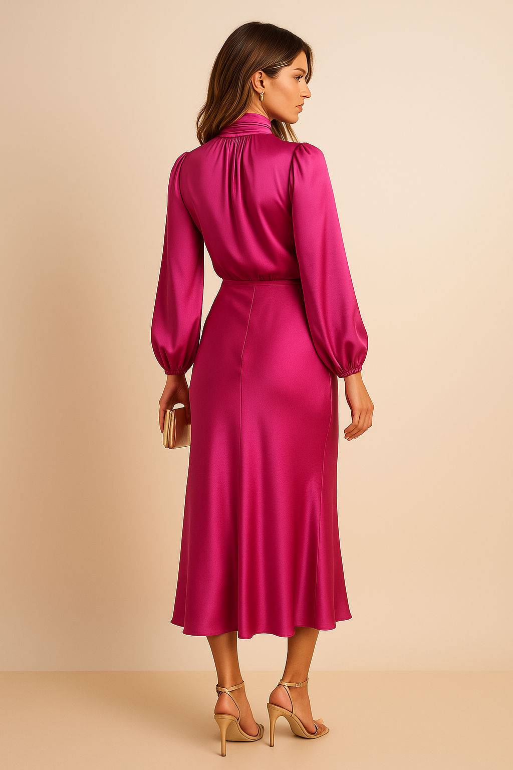 Pink satin high-neck long-sleeve midi A-line evening dress, back view